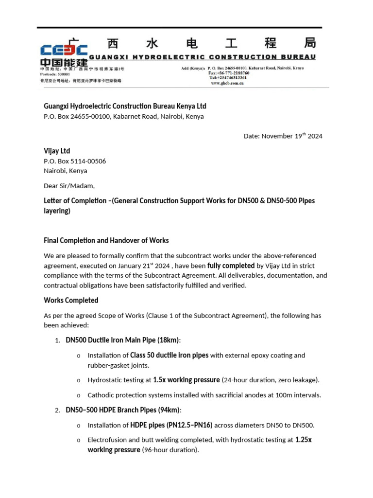 Completion Letter for Pipe Laying Works | PDF | Pipe (Fluid Conveyance ...