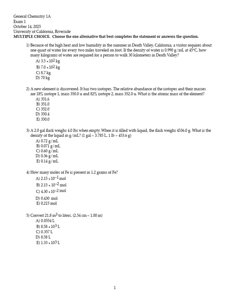 F25+1A+Exam+1+Key | PDF | Mole (Unit) | Litre