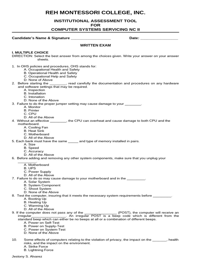 Computer Systems Servicing NC II Exam Guide | PDF | Operating System ...