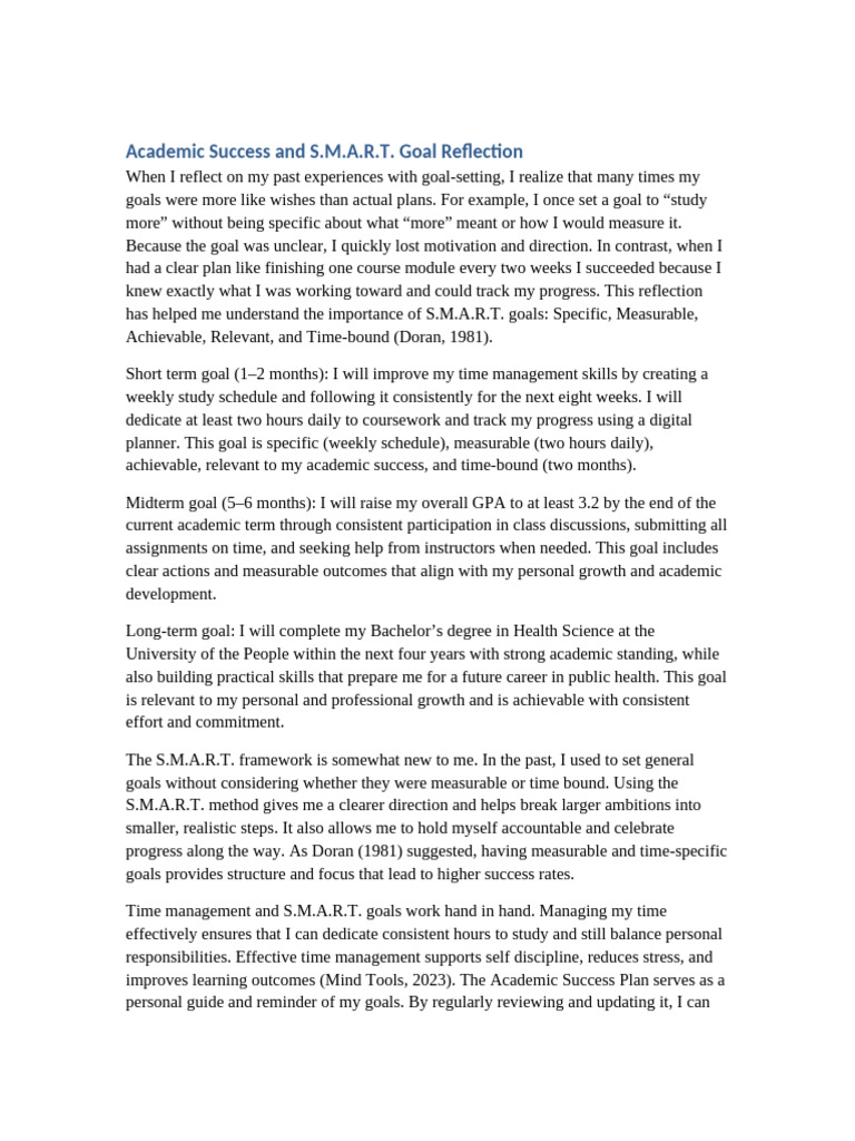 S.M.A.R.T. Goals for Academic Success | PDF | Goal | Behavior Modification