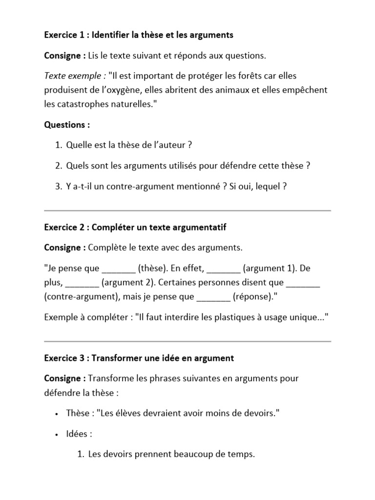 Exercices de rédaction argumentative | PDF