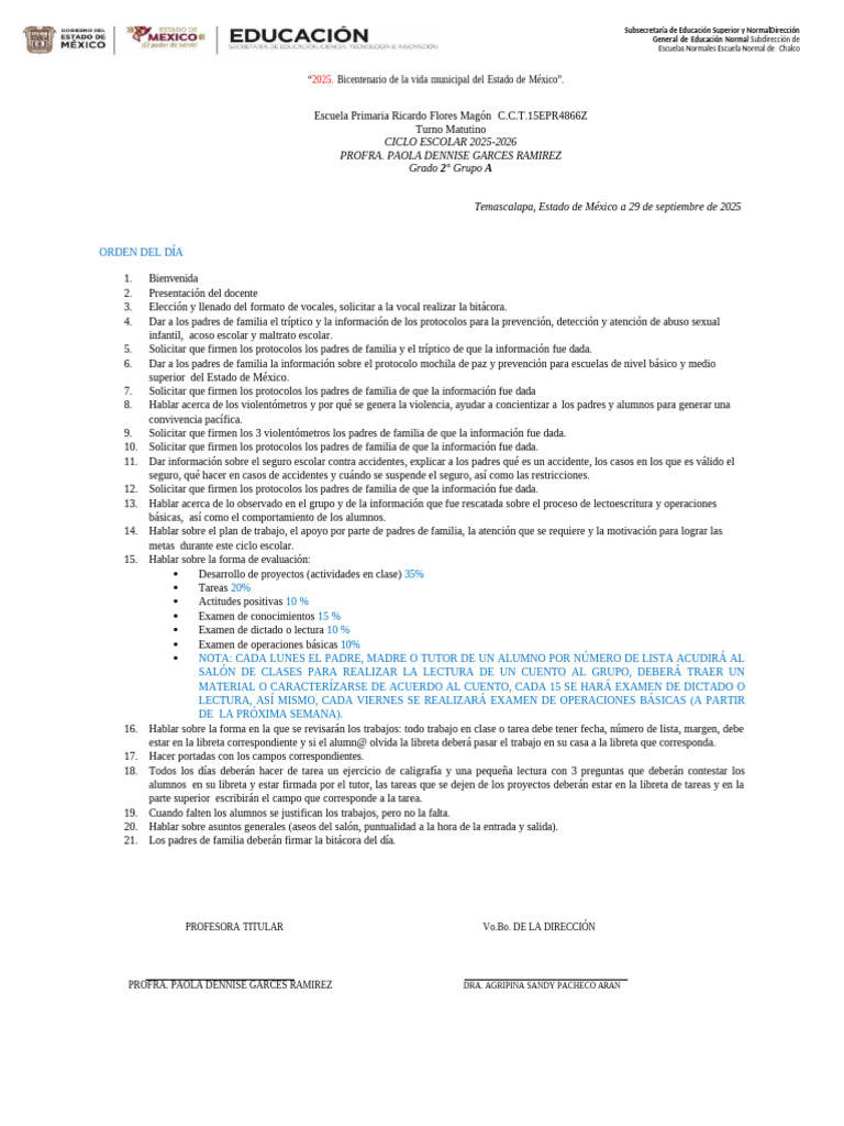 Orden Del Dia, Primera Junta 6B25-26 | PDF