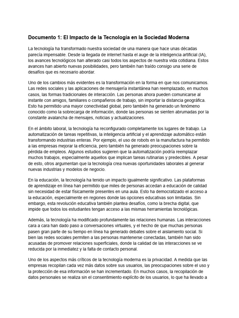 Documento 1 - El Impacto de La Tecnología en La Sociedad Moderna | PDF ...