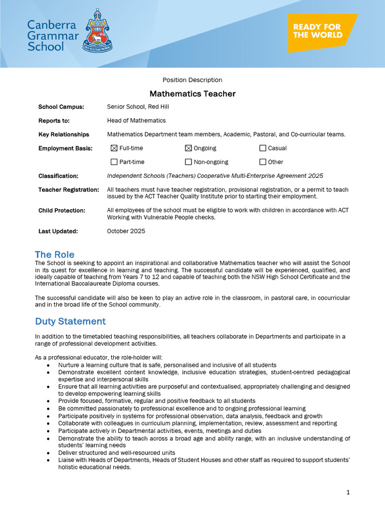 Mathematics Teacher Position at Red Hill | PDF | Teachers | Behavior ...