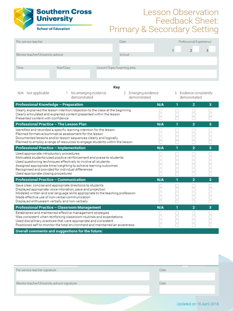 Lesson Observation Feedback Sheet Schools Option 2 | PDF | Teachers ...