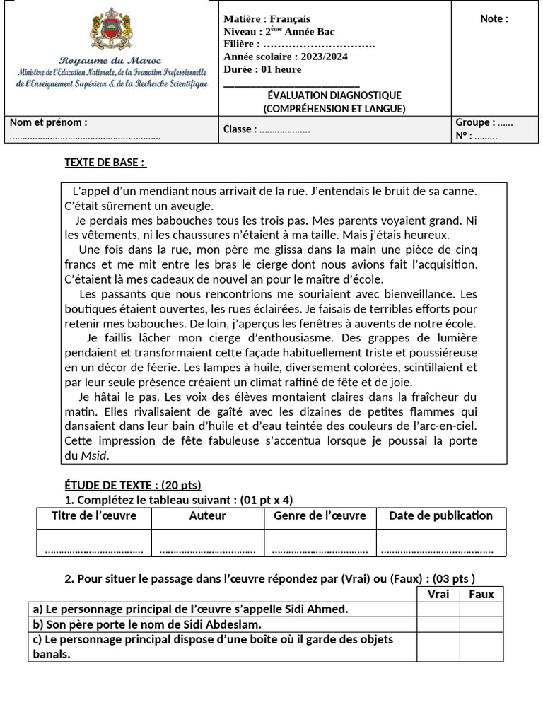 Évaluation sur un extrait de fête au Msid | PDF