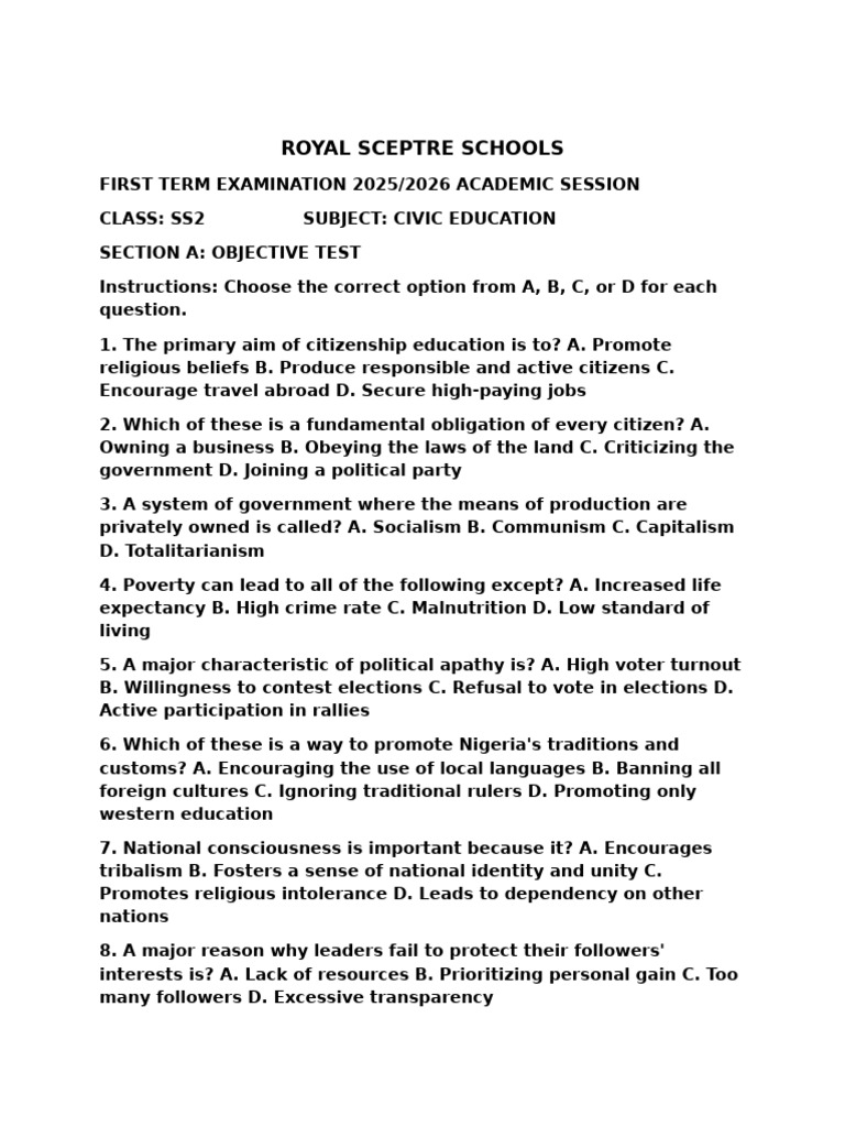 Civic Education SS2 1st Term | PDF | Citizenship | Democracy