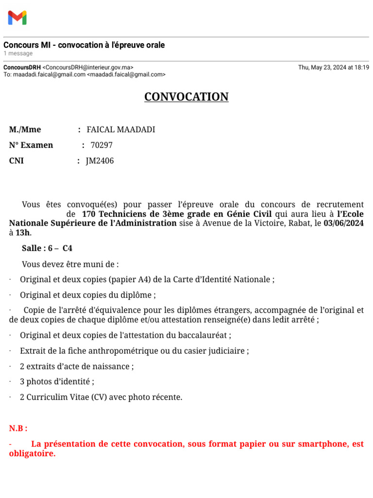 Convocation épreuve orale concours MI | PDF