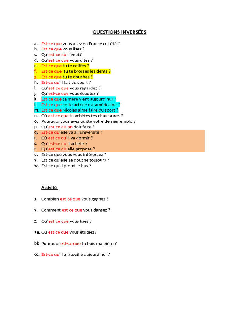 Questions inversées en français | PDF