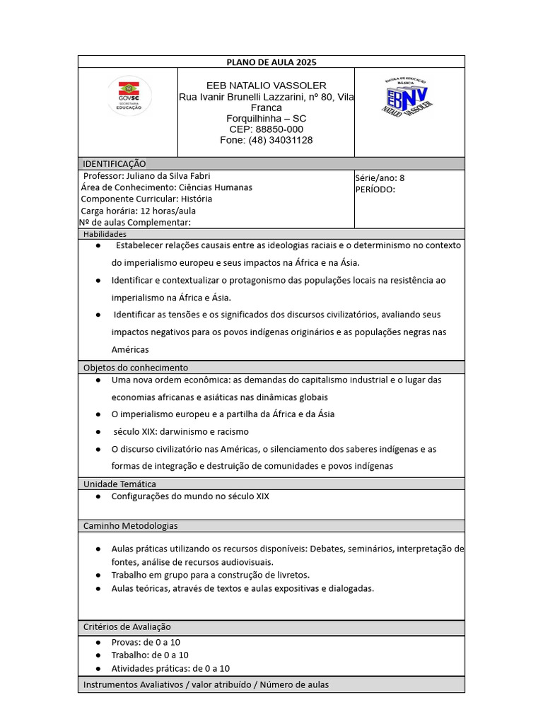 Plano de Aula 8 Ano Novembro | PDF