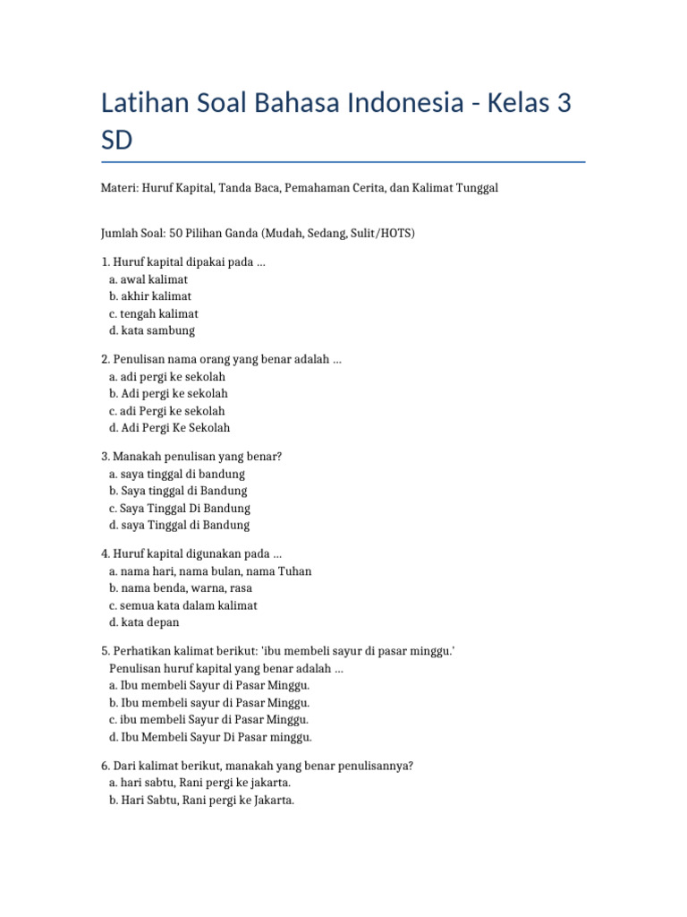 Latihan Bahasa Indonesia Kelas 3 SD | PDF
