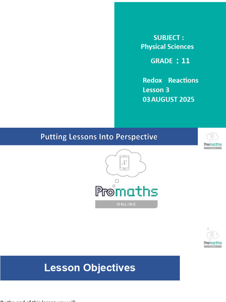 Grade 11 Promaths Lesson 3 Redox Reactions (03 August 2025 | PDF ...