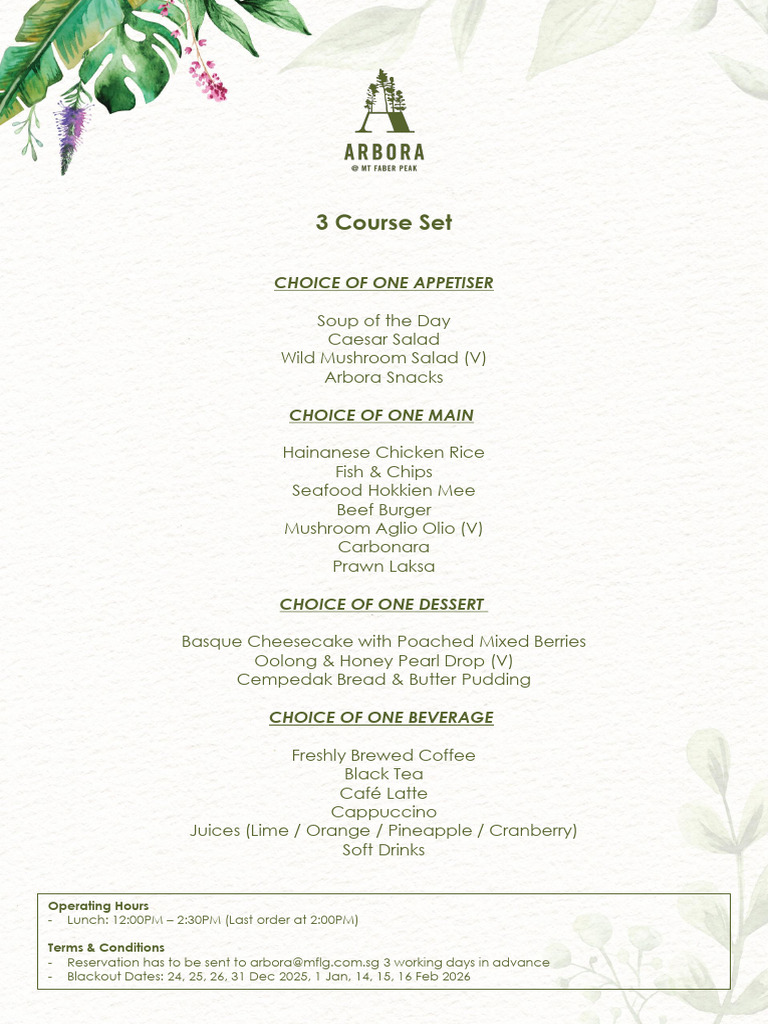 Arbora 3-Course Meal Menu Options | PDF
