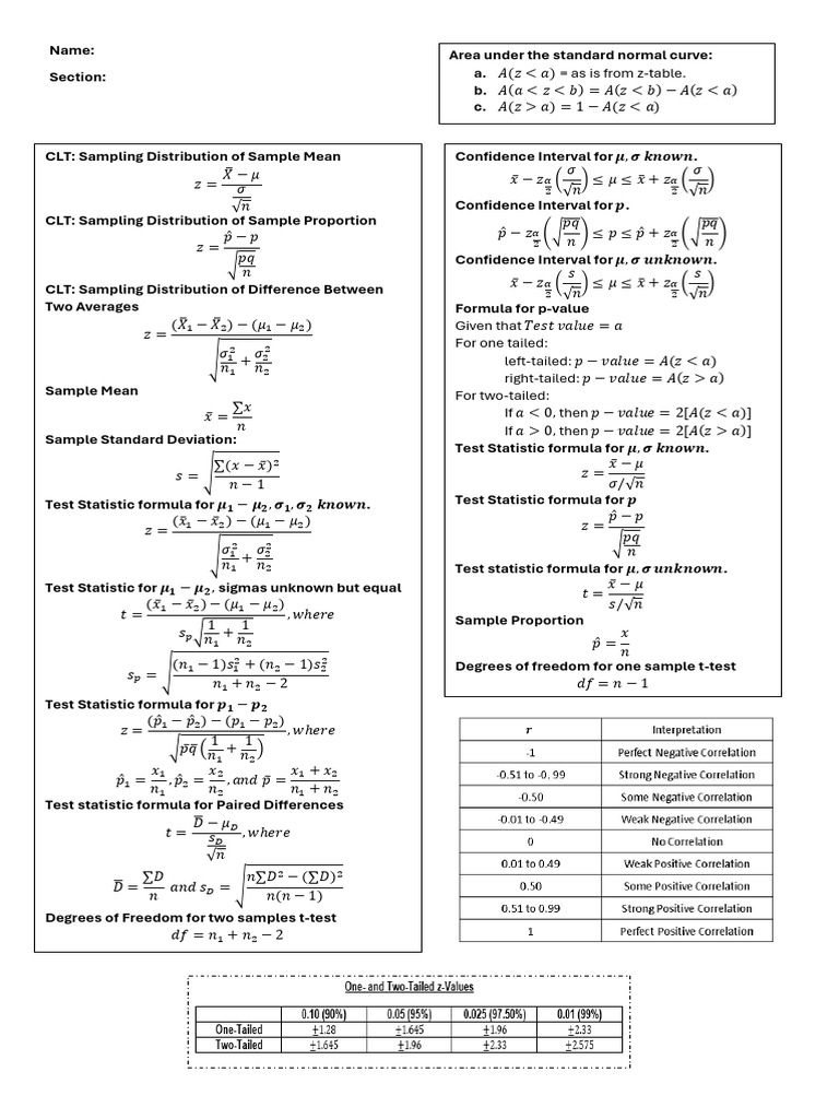 CLT and Test Statistics Formulas | PDF | Scientific Method ...