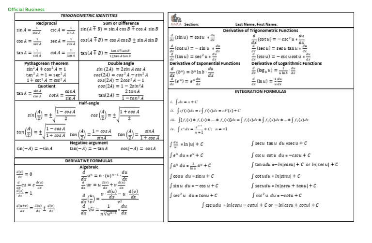 MATH BASCAL FORMULAS SIMPLIFIED Formulas | PDF | Trigonometric ...