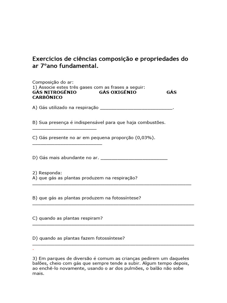 Exercícios sobre Composição do Ar 7º Ano | PDF | Combustão | Oxigênio