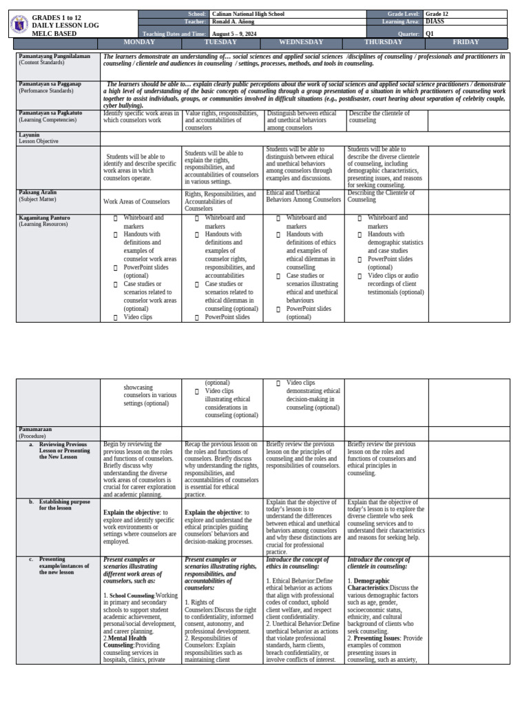 DLL WEEK 2 | PDF | Psychotherapy | Mental Health