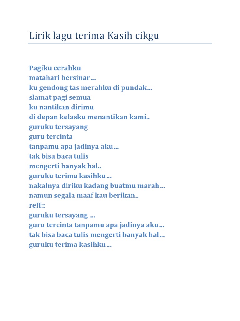 Lirik Lagu Terima Kasih Cikgu Pdf