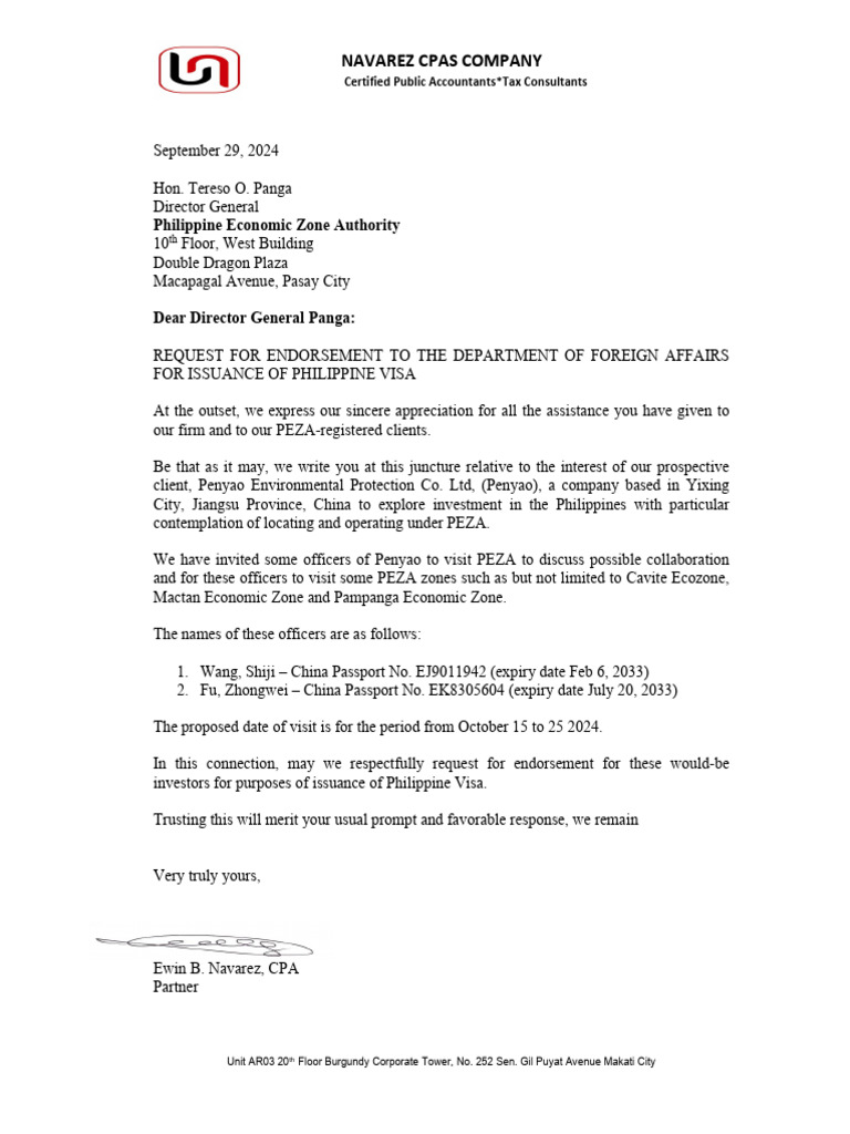 Penyao's Request Letter To PEZA | PDF