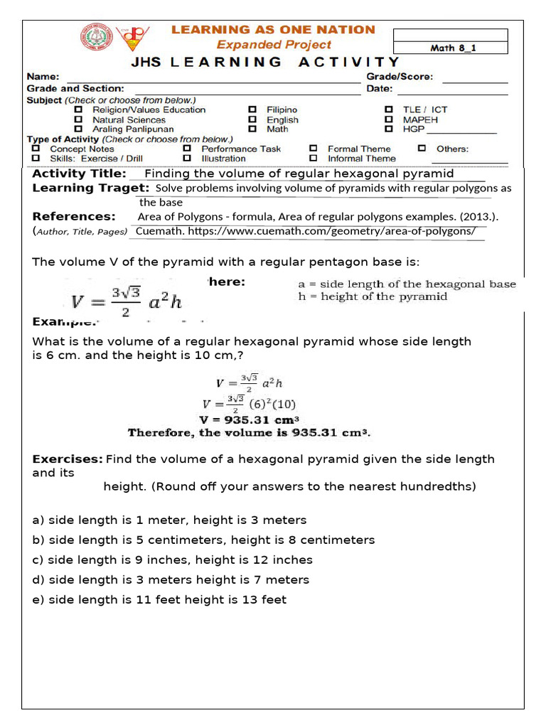 Volume of Hexagonal Pyramid | PDF