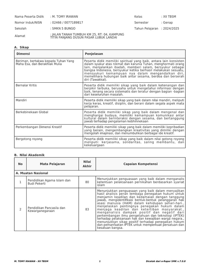 Rapor M. Tomy Irawan - Xii TBSM | PDF