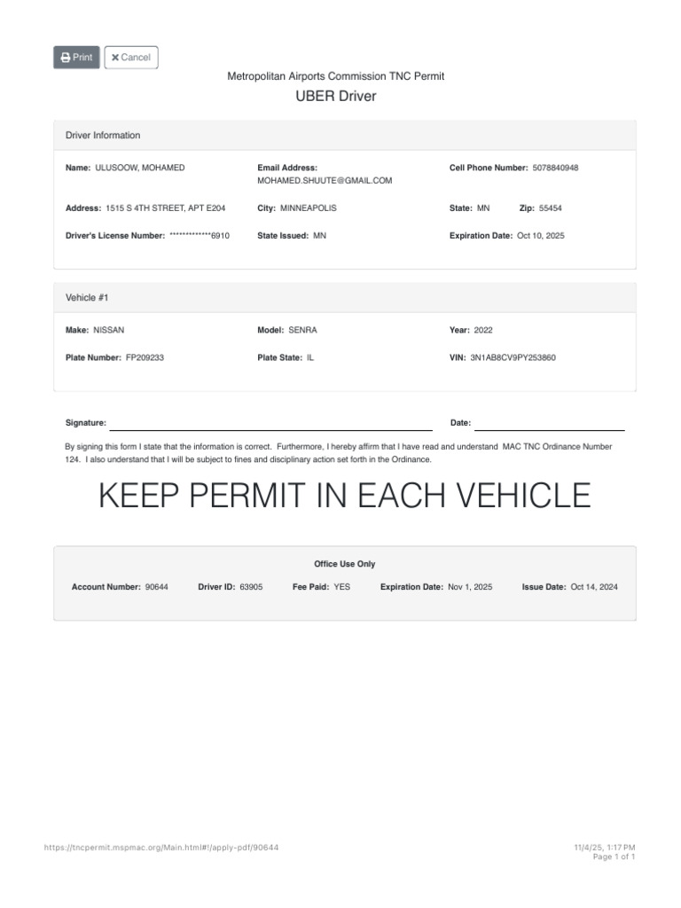 TNC Permit for Uber Driver Mohamed Ulusoow | PDF