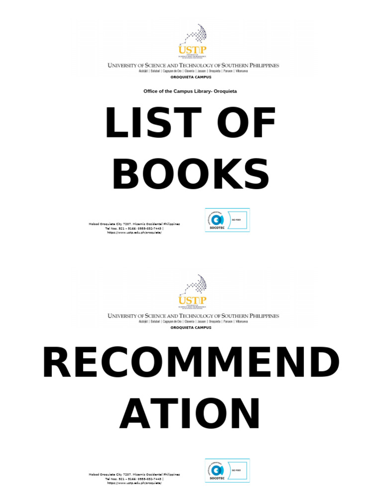 Oroquieta Campus Library Book List | PDF