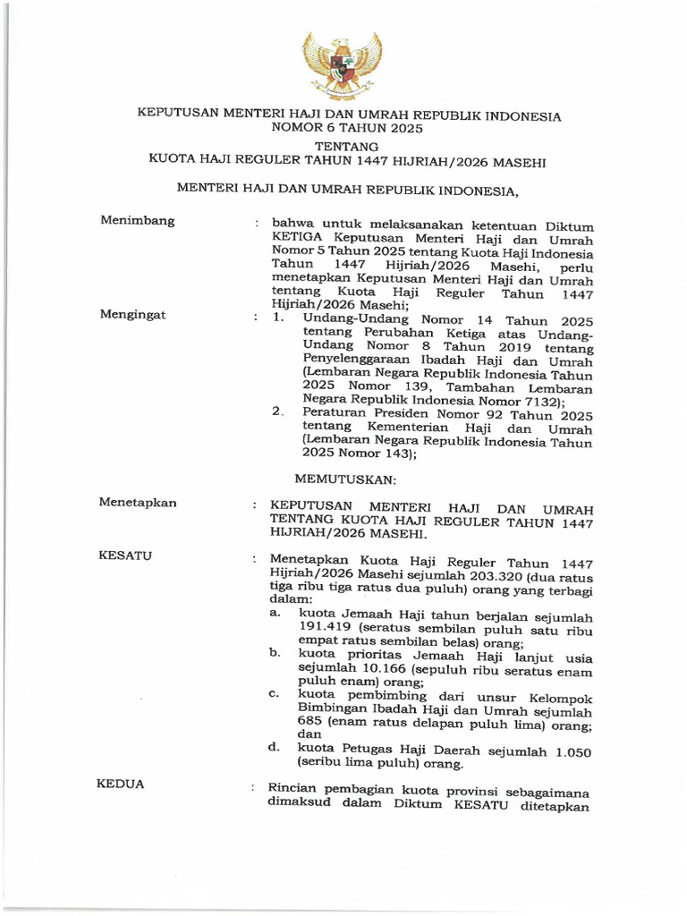 KMHU 6 Tahun 2025 - Kuota Haji Reguler 1447H - 2026M - Cap | PDF
