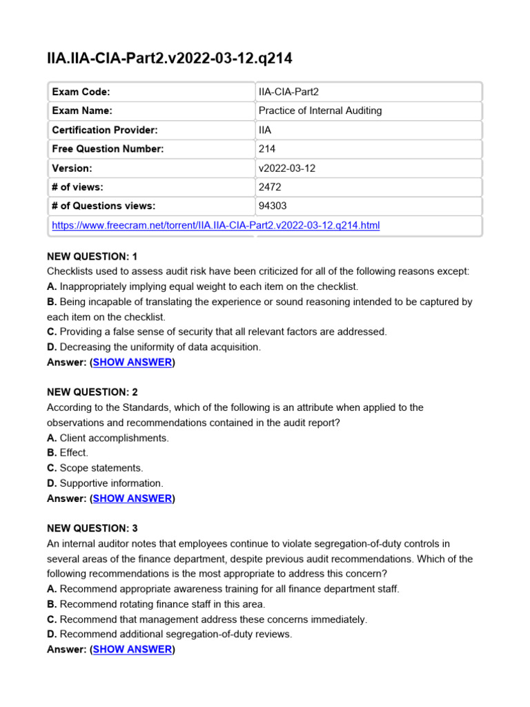IIA CIA Part 2 Exam Practice Questions | PDF | Internal Audit | Audit