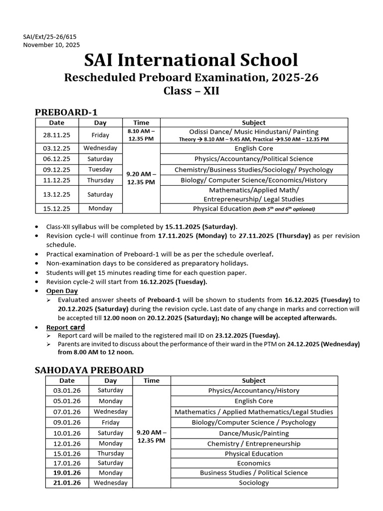 Class XII Preboard Exam Schedule 2025-26 | PDF | Science