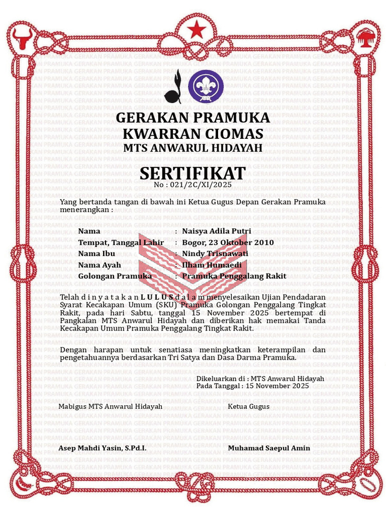 Sertifikat Pramuka Penggalang Rakit | PDF