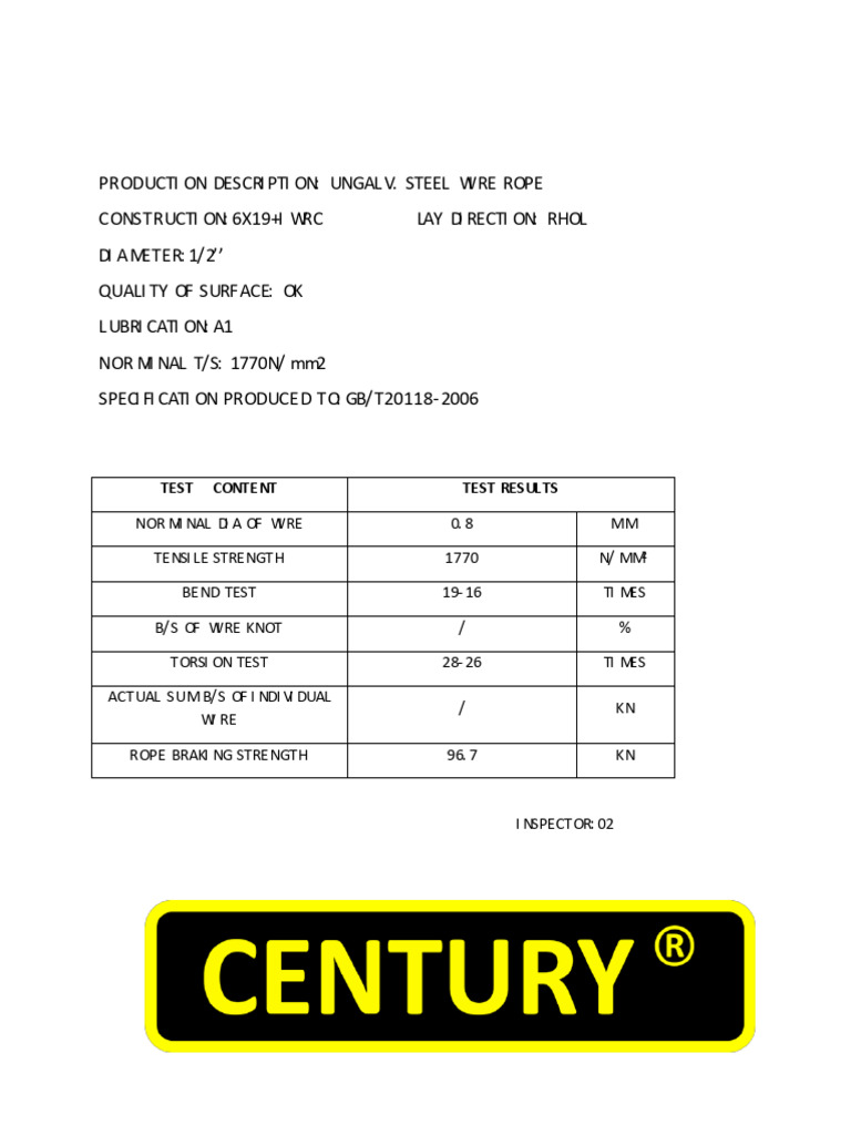 Steel Wire Rope Test Certificate | PDF