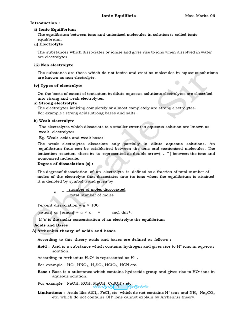 Ionic Equilibria Notes | PDF | Dissociation (Chemistry) | Ph
