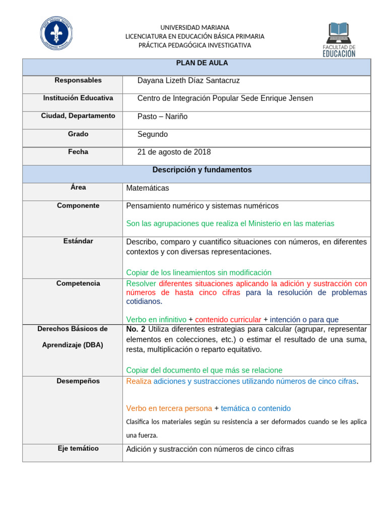 Plan de Aula para Segundo Grado en Matemáticas | PDF | Aprendizaje ...
