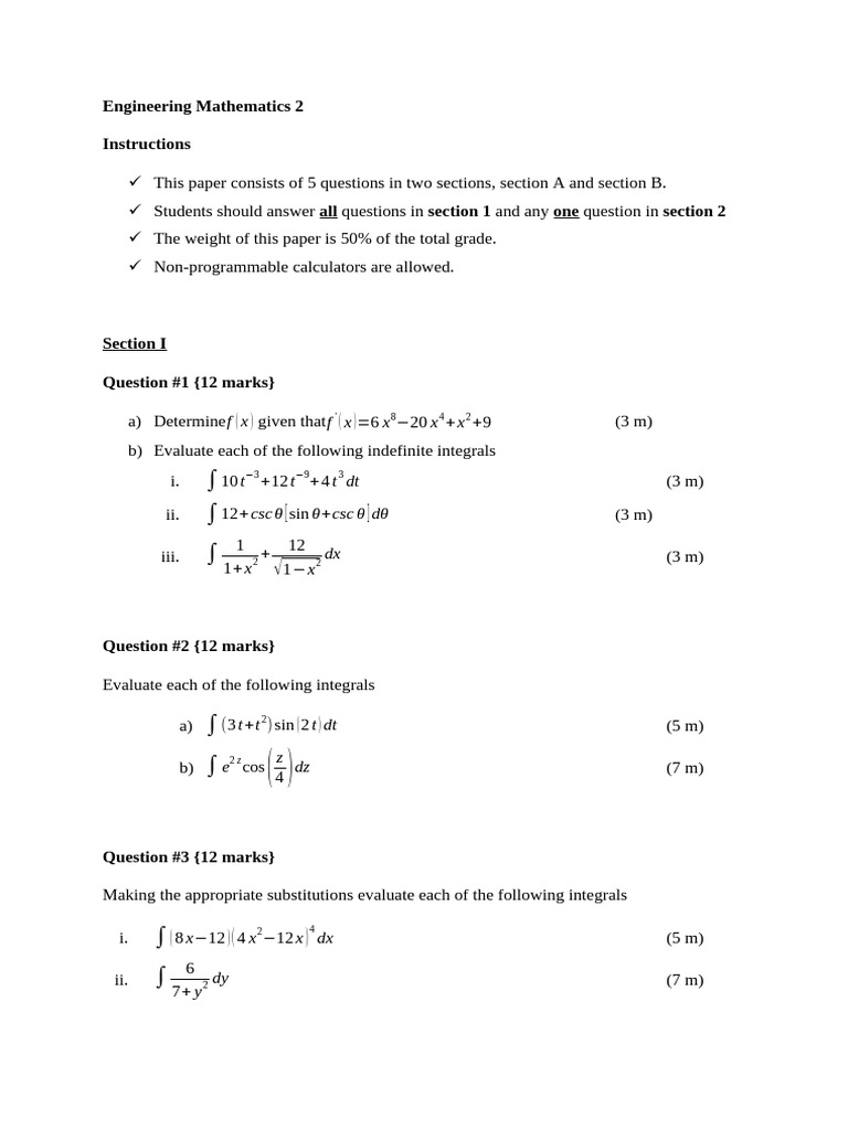 Engineering Mathematics Exam Paper | PDF | Integral | Applied Mathematics