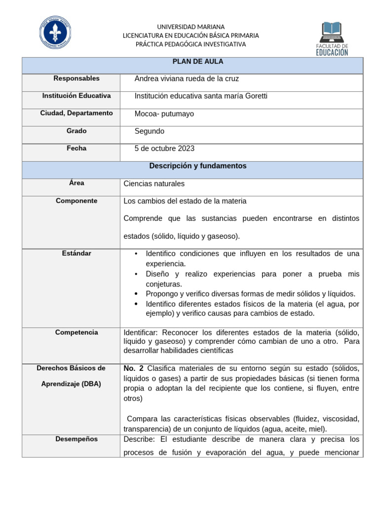 Planeación. Aula | PDF | Aprendizaje | Líquidos