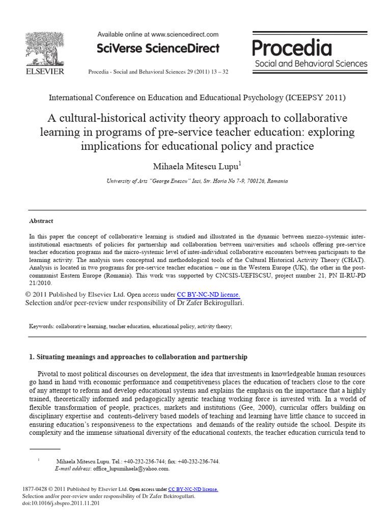 A Cultural Historical Activity Theory Approach To Collabo 2011 Procedia ...