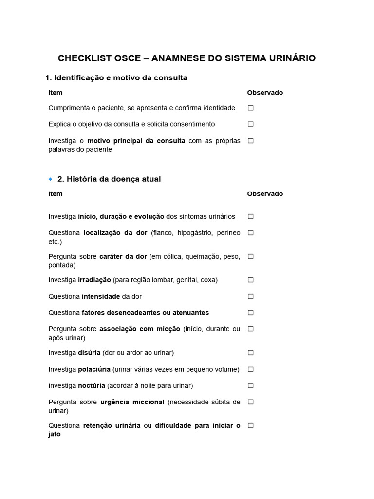 Checklist de Anamnese Urinária OSCE | PDF