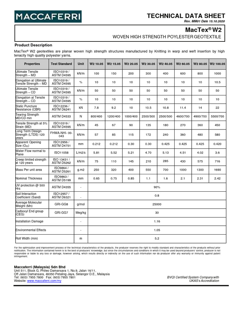 MacTex W2 Geotextile Technical Data Sheet | PDF