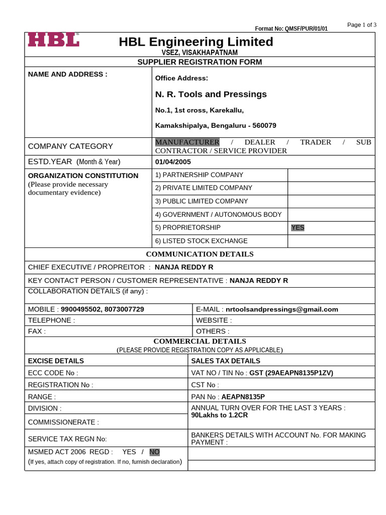 HBL Supplier Registration Form | PDF | Business