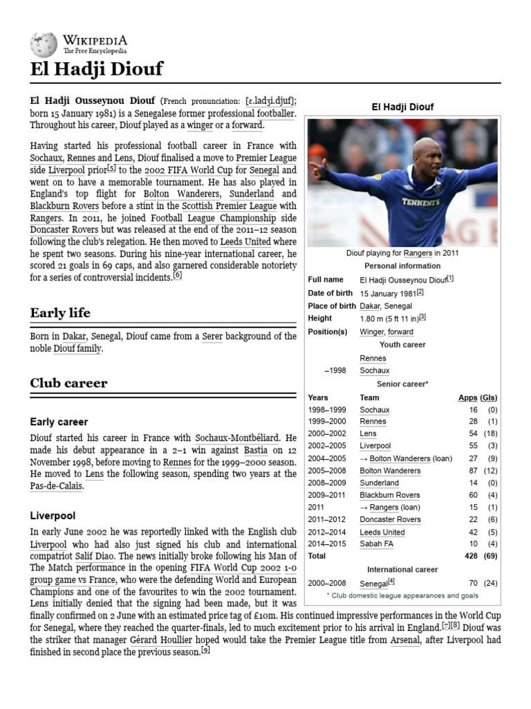El Hadji Diouf: Senegalese Footballer Profile | PDF | Premier League ...
