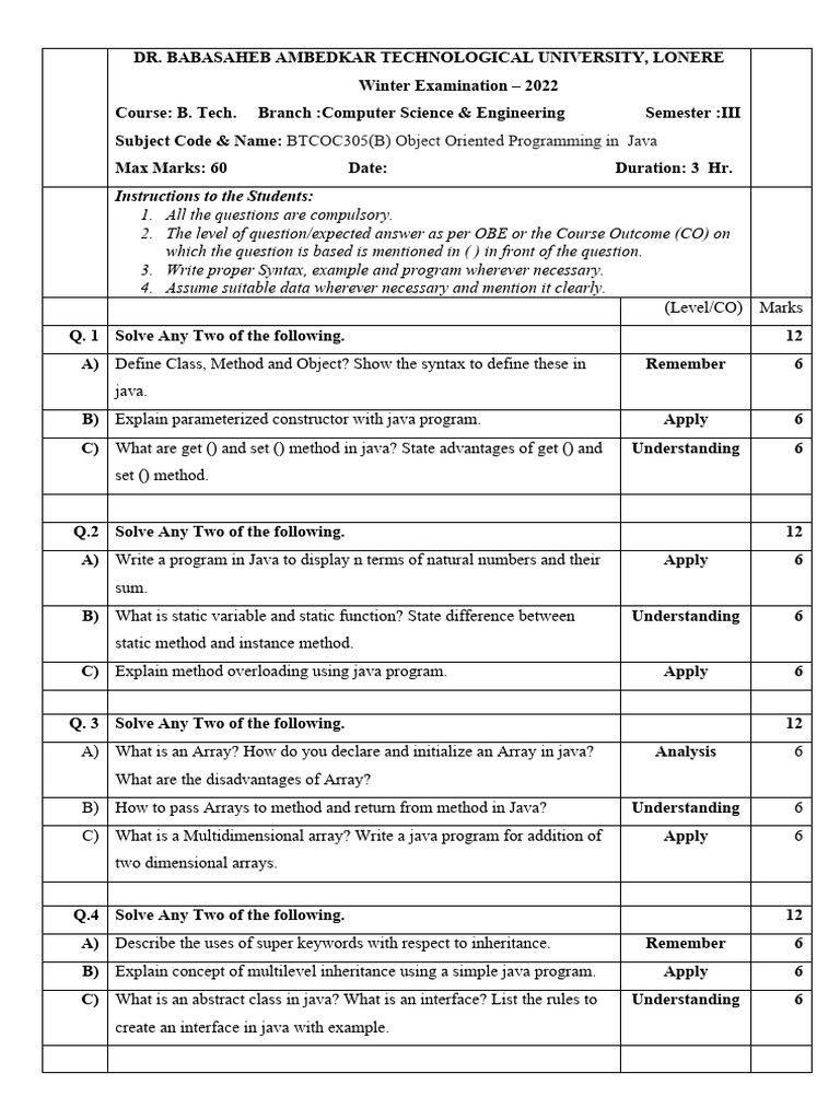 Java OOP Exam Paper - B. Tech 2022 | PDF | Method (Computer Programming ...