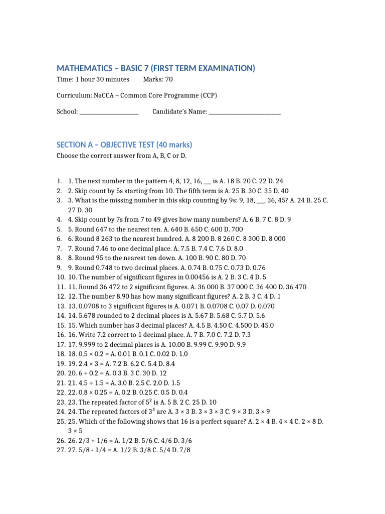 Basic 7 Mathematics First Term Exam | PDF | Length | Angle