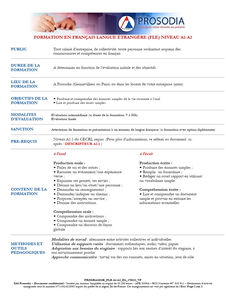 Formation FLE A1-A2 : Objectifs et Contenu | PDF