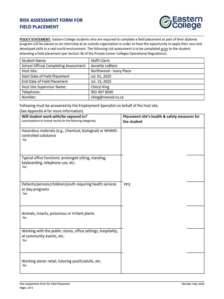 Field Placement Risk Assessment Form | PDF | Personal Protective ...