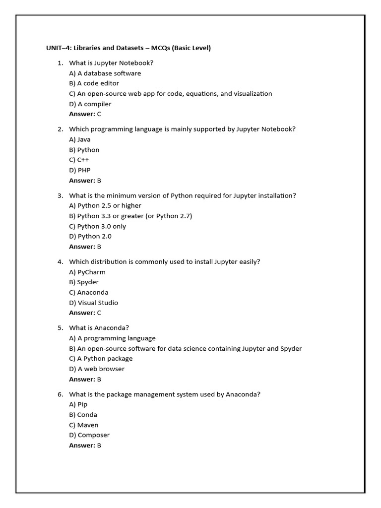Jupyter, Python, and Data Science MCQs | PDF | Python (Programming ...