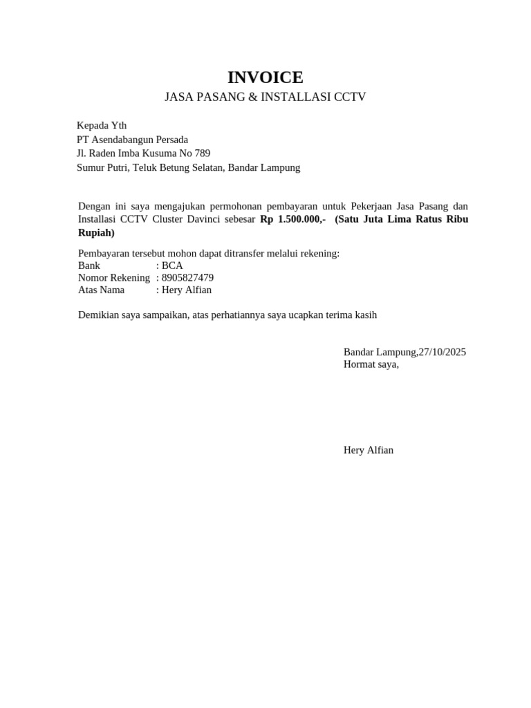 Invoice Jasa Pasang CCTV Rp 1.500.000 | PDF