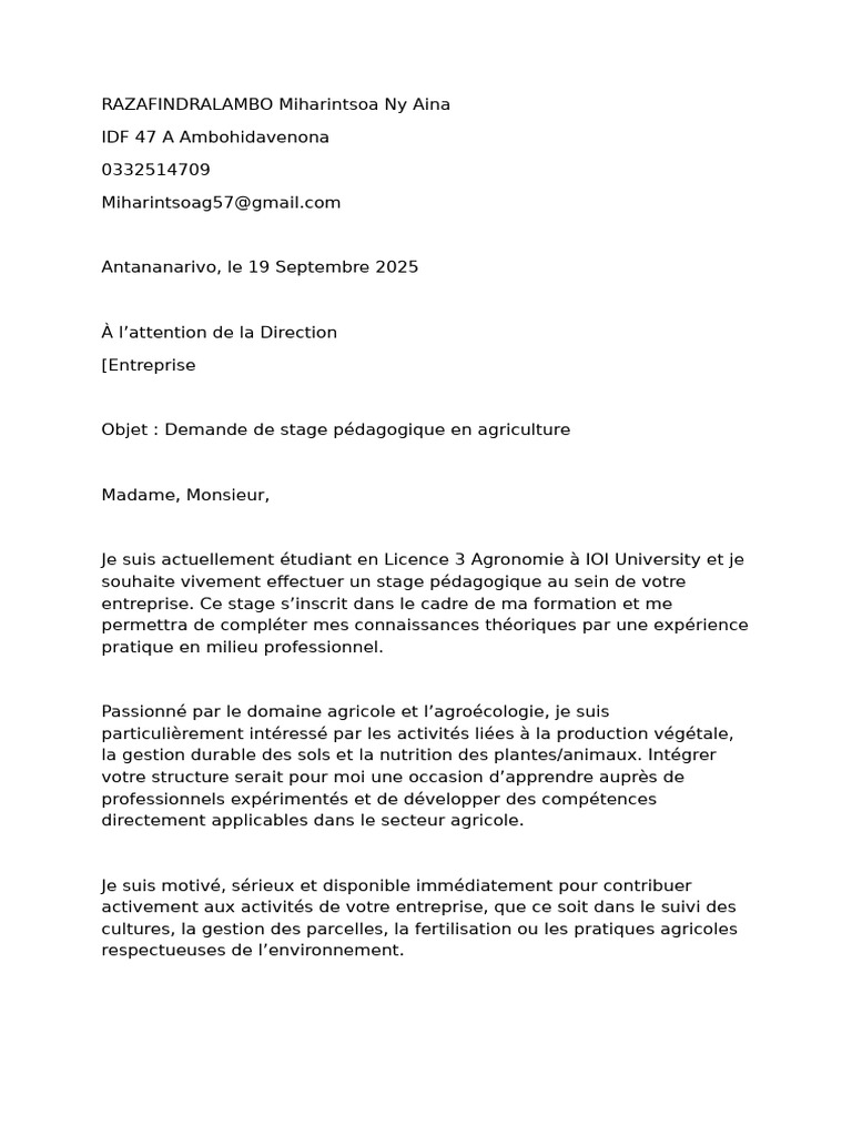 Demande de stage en agronomie 2025 | PDF