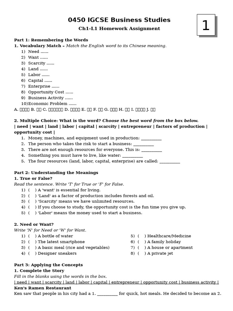 Business Activity Homework Assignment | PDF | Restaurants | Factors Of ...