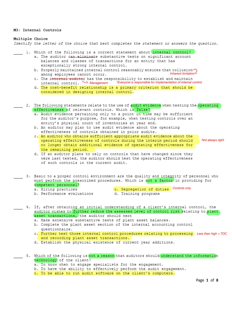 Internal Controls: Audit Questions Guide | PDF | Internal Control | Audit